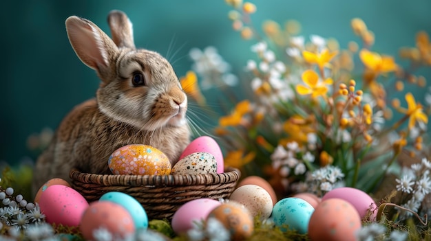 Nahaufnahme farbenfroher Ostereier und Kaninchen, die in einem Korb mit Frühlingsblumen im Hintergrund angeordnet sind