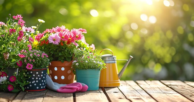 Foto nahaufnahme farbenfroher sommerblumenpflanzen in einer holzoberfläche mit kopierraum mit morgensonnenlicht generative ki