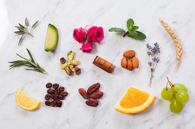 Nahaufnahme flach liegend verschiedene natürliche florale Zutaten, die als Komponenten für die Herstellung von Bio-Handwerkskosmetik verwendet werden Kleine Stücke von Früchten, Nüssen, Blumen auf einer hellgrauen Marmoroberfläche