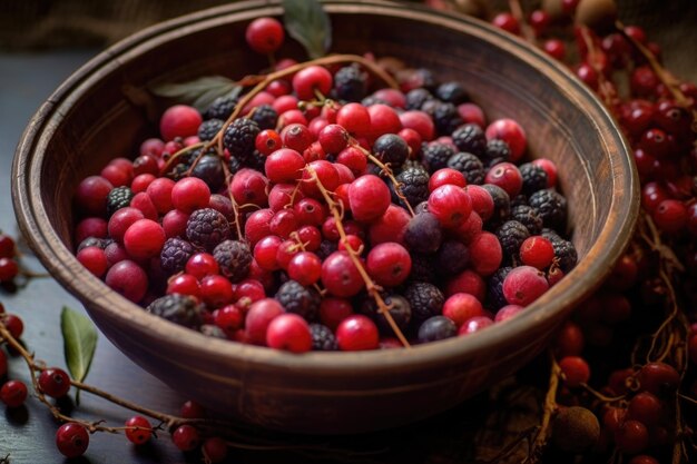 Nahaufnahme frisch gepflückter Waldbeeren in einer Schüssel, die mit generativer KI erstellt wurde