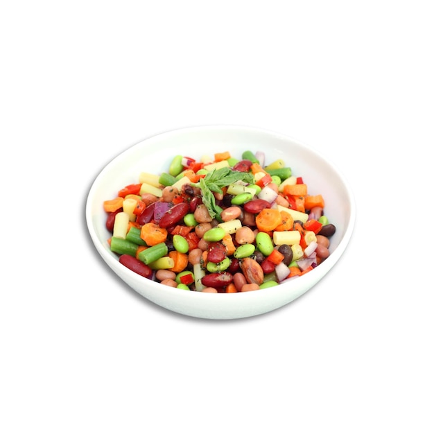 Nahaufnahme frischer Bohnensalat auf einem weißen Top-View