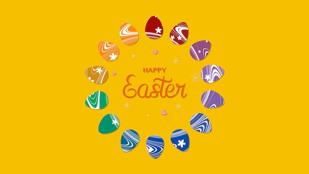 Nahaufnahme Fröhlicher Ostern-Text und -Ei auf gelbem Hintergrund. Luxuriöse und elegante dynamische Stilvorlage für den Urlaub