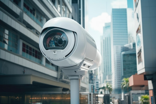 Nahaufnahme futuristischer Überwachungskameras in Straßen der Smart City Video-Steuerung