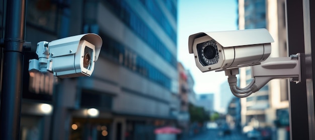 Nahaufnahme futuristischer CCTV-Sicherheitskameras in Straßen der Smart City Video-Steuerung