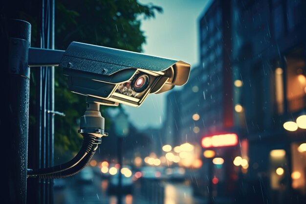 Nahaufnahme futuristischer CCTV-Sicherheitskameras in Straßen der Smart City Video-Steuerung