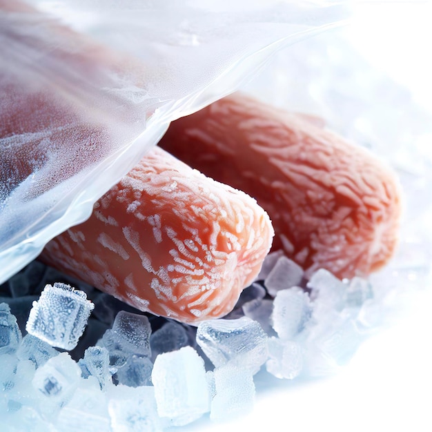 Nahaufnahme gefrorene Wurst in Plastiktüte mit Eiskristallen isoliert auf weißem Hintergrund