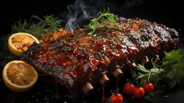 Nahaufnahme gegrillte Rippen mit geschmolzener Barbecue-Sauce auf einem schwarzen und verschwommenen Hintergrund