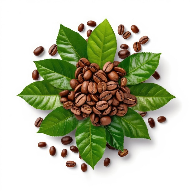 Nahaufnahme gerösteter Kaffeebohnen mit frischen Blättern auf weißem Hintergrund