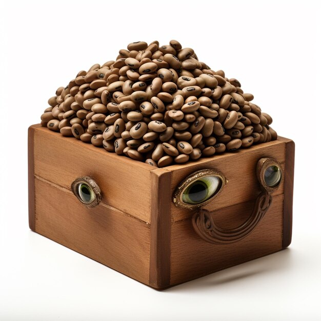 Nahaufnahme gerösteter Kaffeebohnen mit verschwommenem Zimtstock in einem Holzkasten auf einem Holztisch auf weißem Ba
