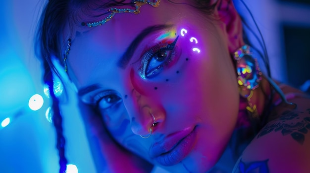 Nahaufnahme-Gesichtsporträt junger schöner Dame mit tätowiertem Gesicht für DJ-Flyer-Hintergrund
