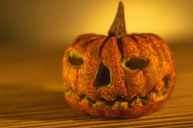 Foto nahaufnahme gespenstischen halloween-kürbises angesichts der kerzen