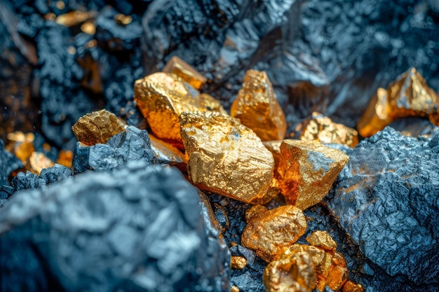 Nahaufnahme glänzender Goldklumpen auf einem Kohlenbett Edelmetallbergbau und natürliche Ressourcen