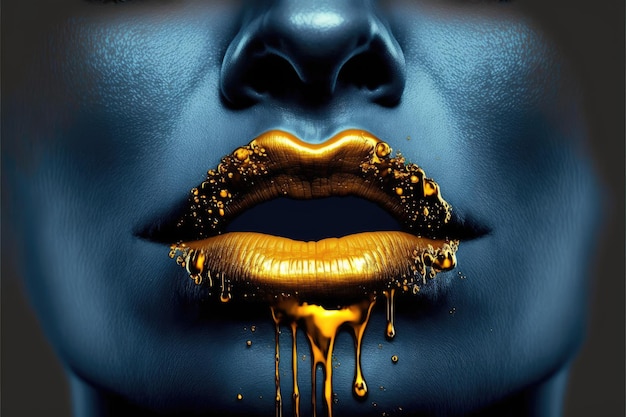 Nahaufnahme goldene flüssige Malerei auf sexy Lippen der Frau