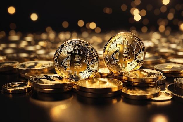 Nahaufnahme goldener Bitcoins auf einer dunklen, reflektierenden Oberfläche und das Histogramm der abnehmenden Kryptowährung