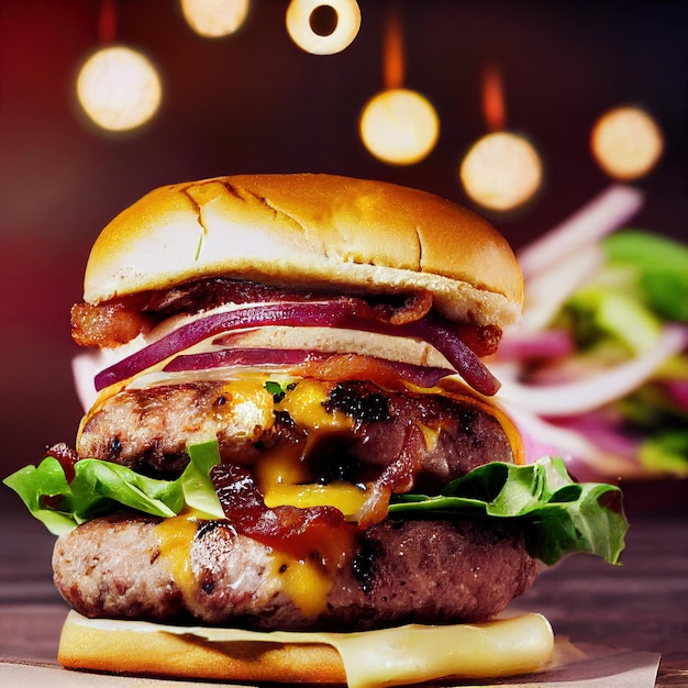 Nahaufnahme hausgemachter Rindfleischburger auf Holztisch-Fast-Food-Mahlzeit