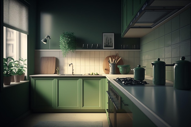 Nahaufnahme im grünen Kücheninterieur im skandinavischen Stil Generative KI