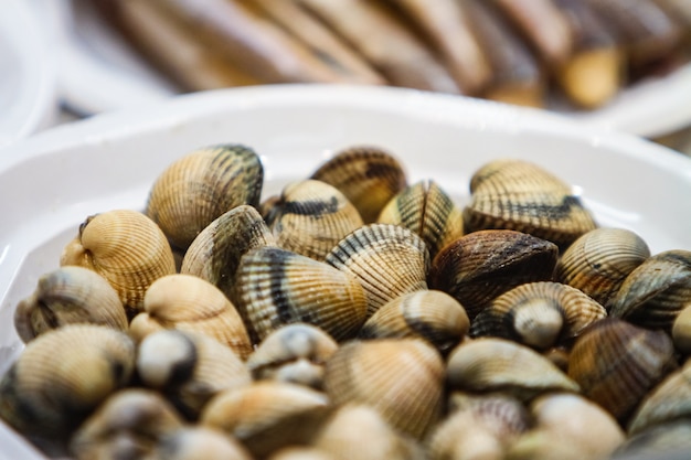 Nahaufnahme in den rohen Muscheln auf Platte