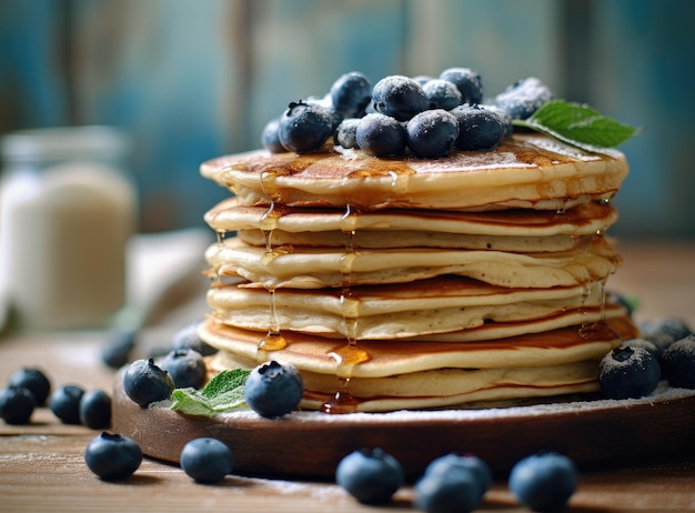 Nahaufnahme köstlicher Pfannkuchen mit frischen Blaubeeren, Erdbeeren und Ahornsirup auf hellem Hintergrund mit Kopierraum. Süßer Ahornsirup fließt aus einem Stapel Pfannkuchen