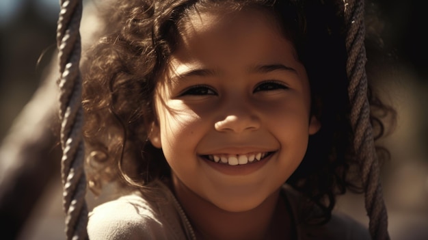Nahaufnahme lächelndes Gesicht junges hispanisches Mädchen, das auf einer Schaukel spielt Glück Kindheit Freiheit Vitalität Spaß im Freien unbeschwert Sonnenlicht Generative KI AIG20
