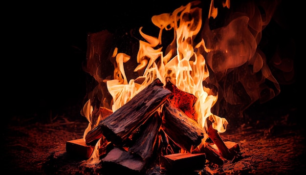 Nahaufnahme Lagerfeuer außerhalb Holzflamme und Feuer Generative KI