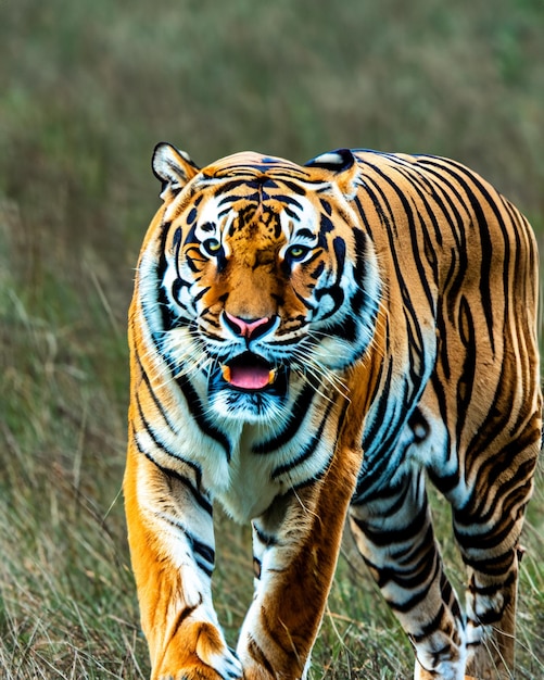 Nahaufnahme Landschaftsaufnahme eines gestreiften Tigers mit grünem Gras