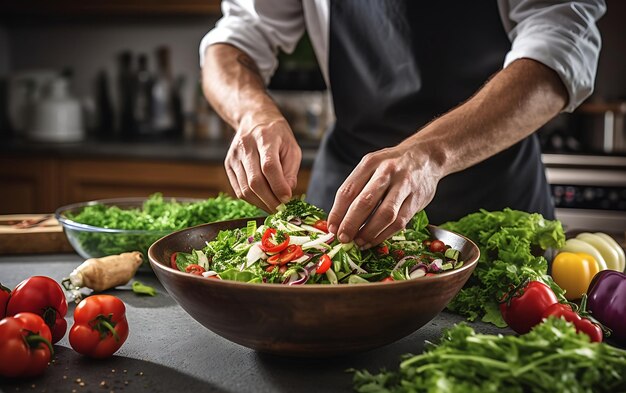 Foto nahaufnahme männlicher hände, die salat in der küche kochen