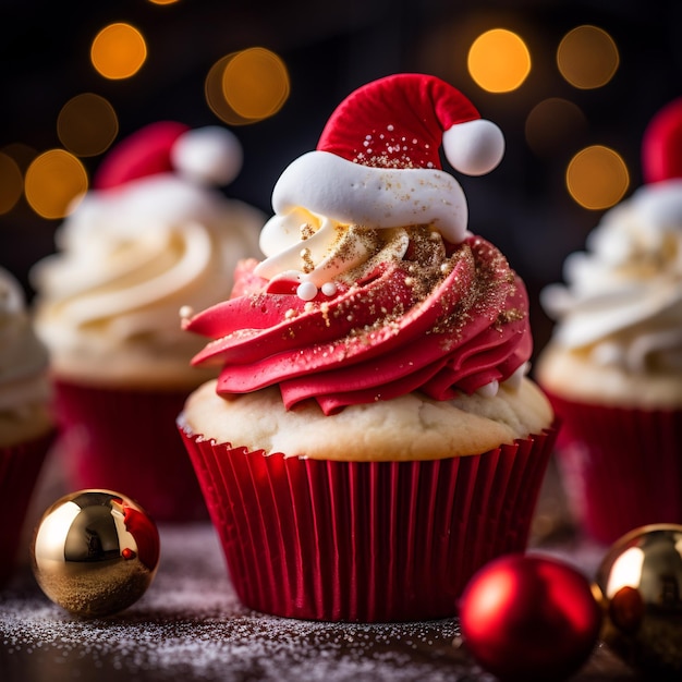 Nahaufnahme-Makroaufnahme eines Cupcakes mit Weihnachtsmannmütze, Food-Fotografie und Food-Styling