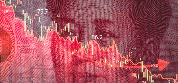 Nahaufnahme Mao Tse Tung Gesicht auf Yuan-Banknote mit Börsendiagrammdiagramm für den globalen Devisenhandel und das Konzept der wirtschaftlichen Rezession in China