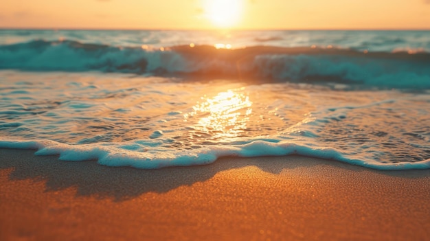 Nahaufnahme Meer Sandstrand Panoramalandschaft inspirieren tropische Strand Seelandschaft Horizont Orange und goldener Sonnenuntergang Himmel Ruhe ruhig entspannendes Sonnenlicht Sommer Stimmung
