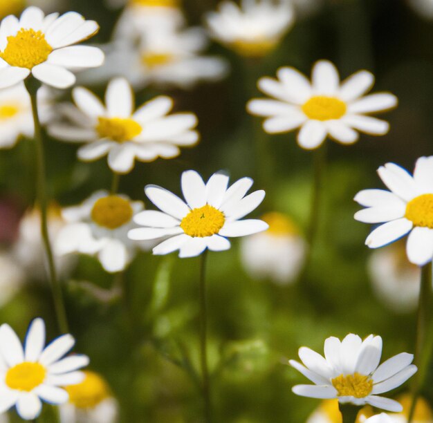 Nahaufnahme mehrerer weißer Gänseblümchen über Gras und verschwommenem Hintergrund