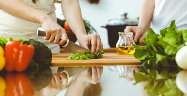 Nahaufnahme menschlicher Hände, die in der Küche kochen. Mutter und Tochter oder zwei Freundinnen schneiden Gemüse für frischen Salat. Freundschaft, Familienessen und Lifestyle-Konzepte.