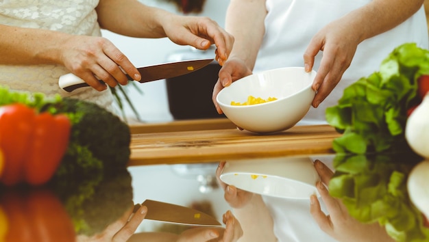 Nahaufnahme menschlicher Hände, die in der Küche kochen. Mutter und Tochter oder zwei Freundinnen schneiden Gemüse für frischen Salat. Freundschaft, Familienessen und Lifestyle-Konzepte.