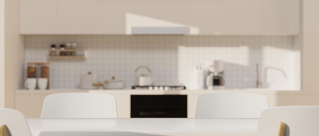 Nahaufnahme, moderne weiße Esstischplatte für die Montage über verschwommenem, hellem, zeitgenössischem Kücheninterieur im Hintergrund. 3D-Rendering, 3D-Darstellung