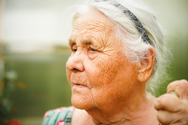 Nahaufnahme Porträt einer älteren Frau in einem Garten Sehr alte Dame von achtzig Jahren im Freien im Sommer