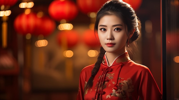 Nahaufnahme Porträt einer asiatischen Chinesin im traditionellen Cheongsam-Qipao-Kleid auf verschwommenem rotem Laternenhintergrund Chinesisches Neujahr Generierte KI