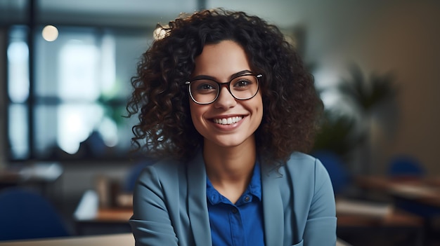 Nahaufnahme Porträt einer jungen schönen Frau, die lächelt, während sie im Büro mit einem Laptop arbeitet. Erstellt mit generativer KI-Technologie