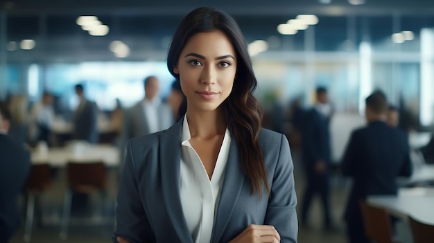 Nahaufnahme Porträt einer lächelnden jungen Geschäftsfrau im Anzug, die vor einem Bürohintergrund steht. Erstellt mit generativer KI-Technologie