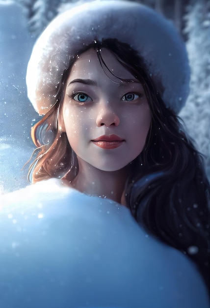 Nahaufnahme Porträt Süßes Mädchen im Winter-Weihnachtsstil Fröhlich lächelnde Wintergöttin der Inspiration, die aus einer gefrorenen, eisigen filmischen Beleuchtung digitaler Kunstillustration im 3D-Stil erscheint