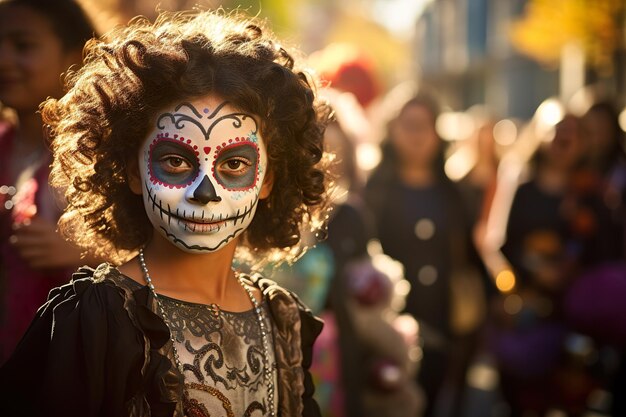 Nahaufnahme Porträt von Calavera Catrina junge Frau mit Zucker Schädel Make-up Tag der Toten