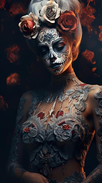 Nahaufnahme Porträt von Calavera Catrina junge Frau mit Zucker Schädel Make-up Tag der Toten