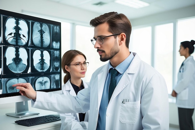 Nahaufnahme-Porträt von geistigen Gesundheitsexperten in weißen Laborkleider, die sich ein Röntgenbild des ganzen Körpers ansehen, CT-Scan, MRI, isolierter Krankenhausklinik, Hintergrund Radiologieabteilung