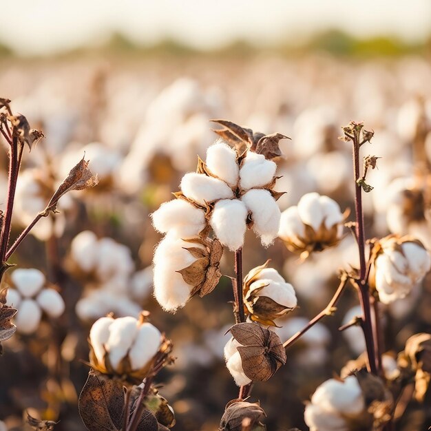 Nahaufnahme reifer Baumwolle mit weißen Fasern wächst auf der Plantage Generative AI