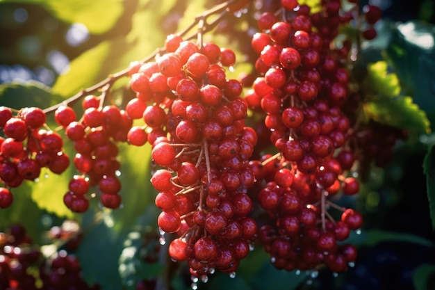 Nahaufnahme reifer Beeren an einem Busch im Sonnenlicht, erzeugt mit generativer KI