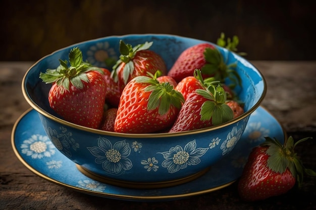 Nahaufnahme reifer Erdbeeren in einer blauen Schüssel auf einem rustikalen Holzbrett, perfekt für Sommerdesserts. Frische rote Erdbeeren in einer gefüllten Schüssel mit eleganter saisonaler Ernteästhetik. Generative KI
