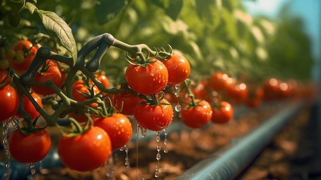 Nahaufnahme reifer Tomaten, die in einem Gewächshaus wachsen