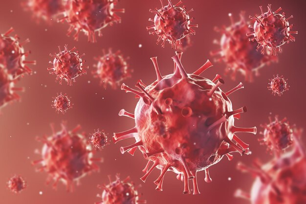 Nahaufnahme rundlicher Viren vor rotem Hintergrund. Konzept der medizinischen und chemischen Forschung. 3D-Rendering