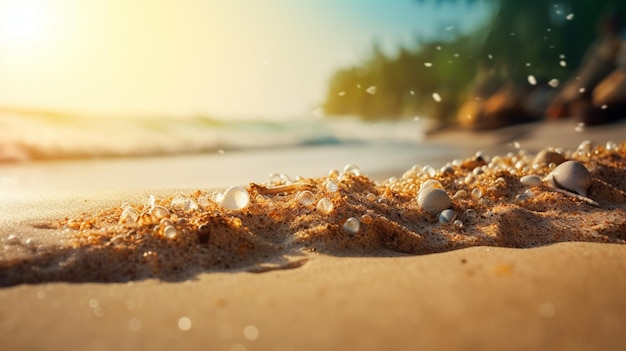 Nahaufnahme Sand Meereslandschaft abstrakt Sommer Sandstrand tropischer Hintergrund Unschärfe Bokeh Licht des Meeres Ozean und Himmel Generative AI