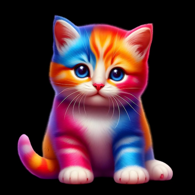 Nahaufnahme Schönes farbenfrohes Regenbogen Schöne Katzenbild auf schwarzem Hintergrund