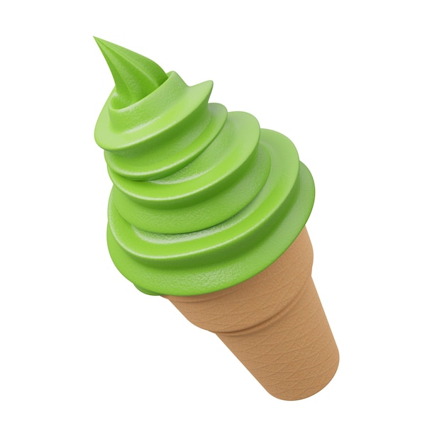 Nahaufnahme Softeis mit Grüntee-Aromen auf knusprigem cone3d-Modell und Illustration