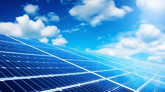 Nahaufnahme Sonnenkollektoren am blauen bewölkten Himmel Solarenergieerzeugung Erneuerbare Energien Generative KI